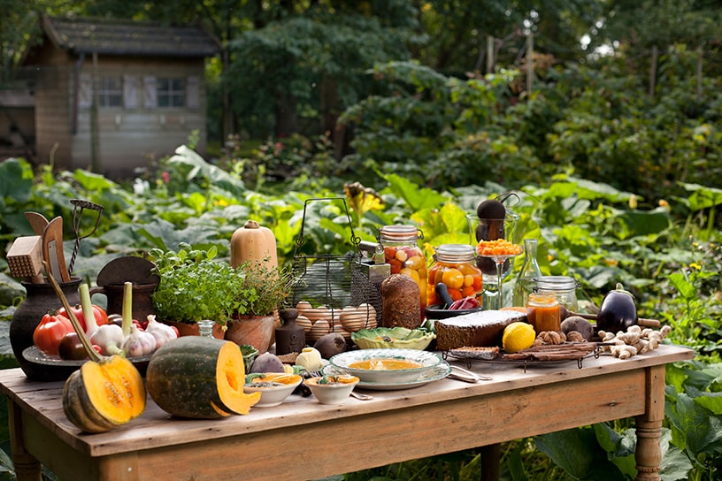 Pompoenen en benodigdheden op tafel in tuin